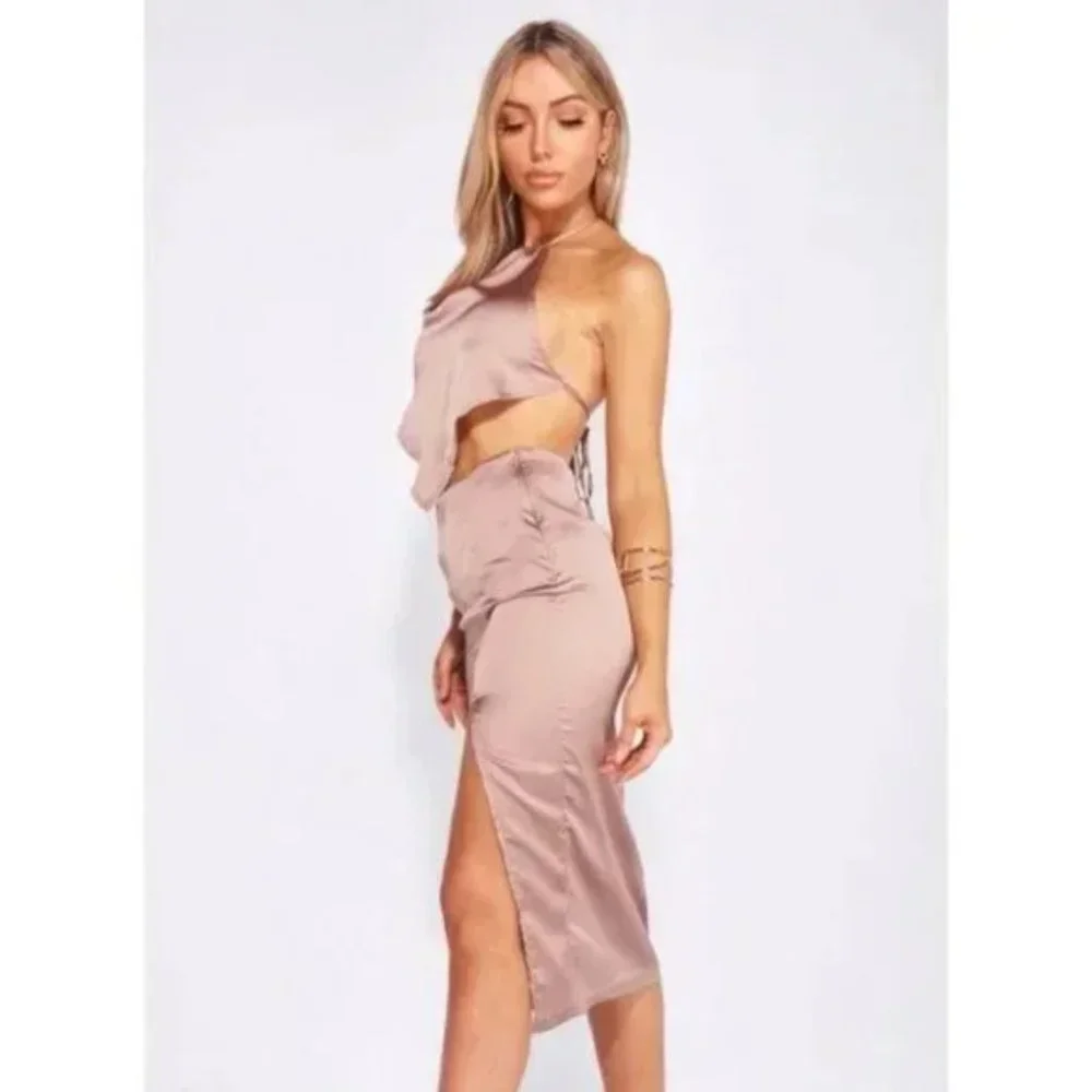 Nude Satin Halter Neck Backless Handkerchief Top and Front Silt Midi Skirt Set - Picture 6 of 17